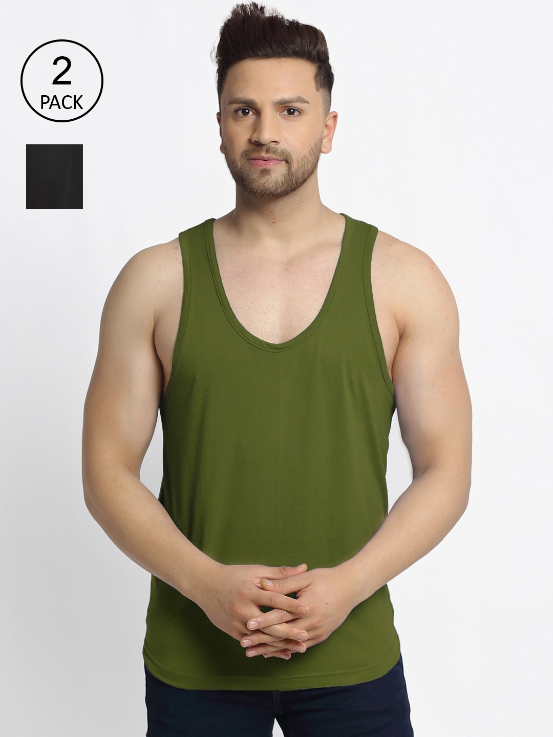 Clothing Innerwear Vests | Friskers Men Pack Of 2 Olive Green & Black Solid Pure Cotton Gym Vests - XH70896