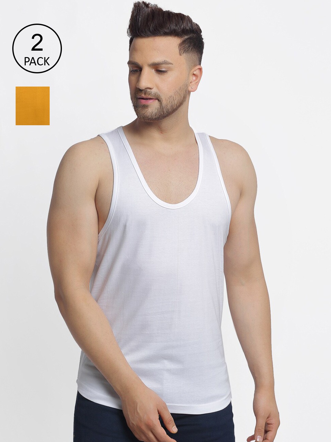 Clothing Innerwear Vests | Friskers Men Pack Of 2 Solid Drop Cut Pure Cotton Gym Vests - SL79531