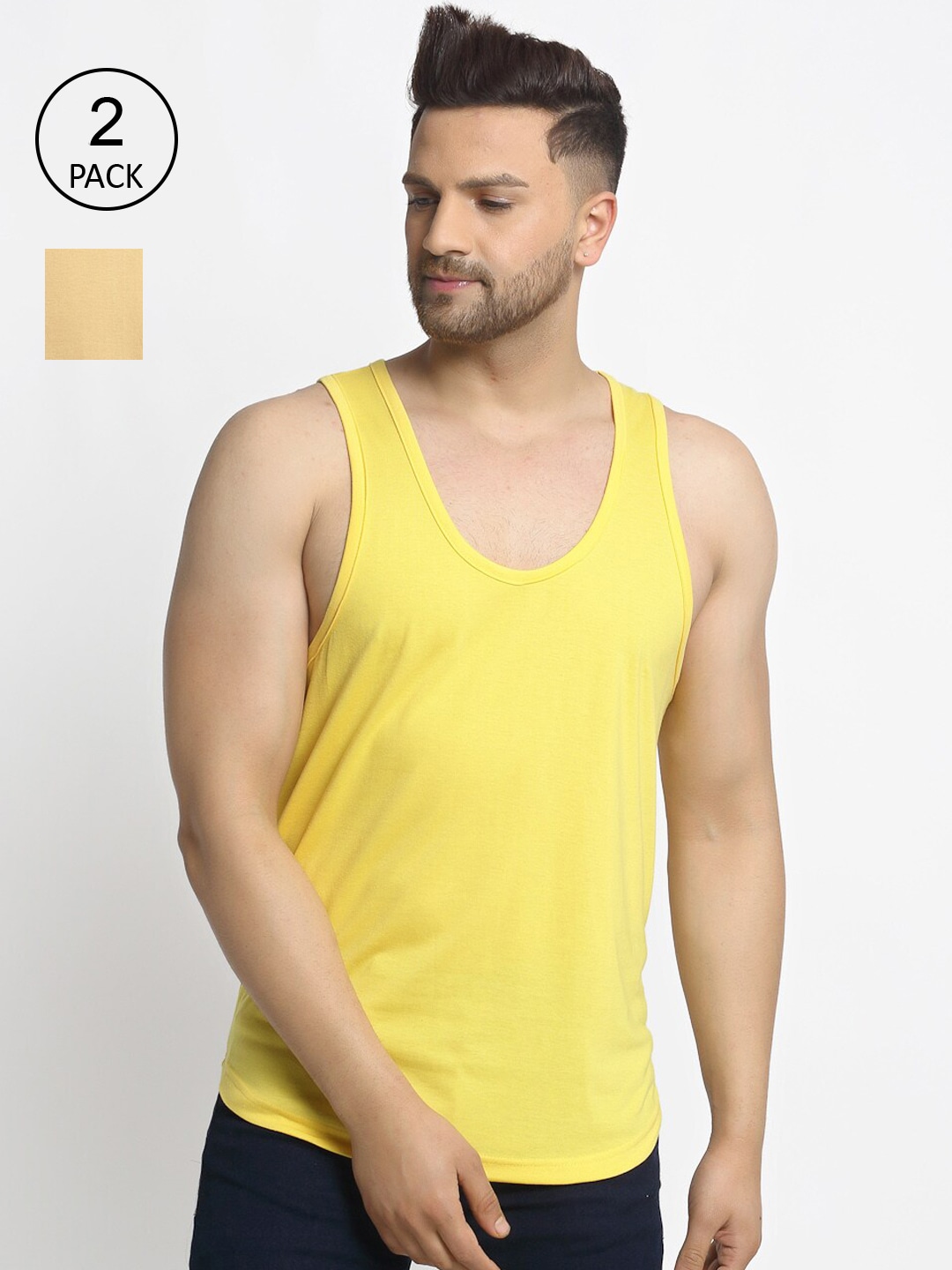 Clothing Innerwear Vests | Friskers Men Pack Of 2 Yellow & Beige Solid Pure Cotton Gym Vests - RX29821