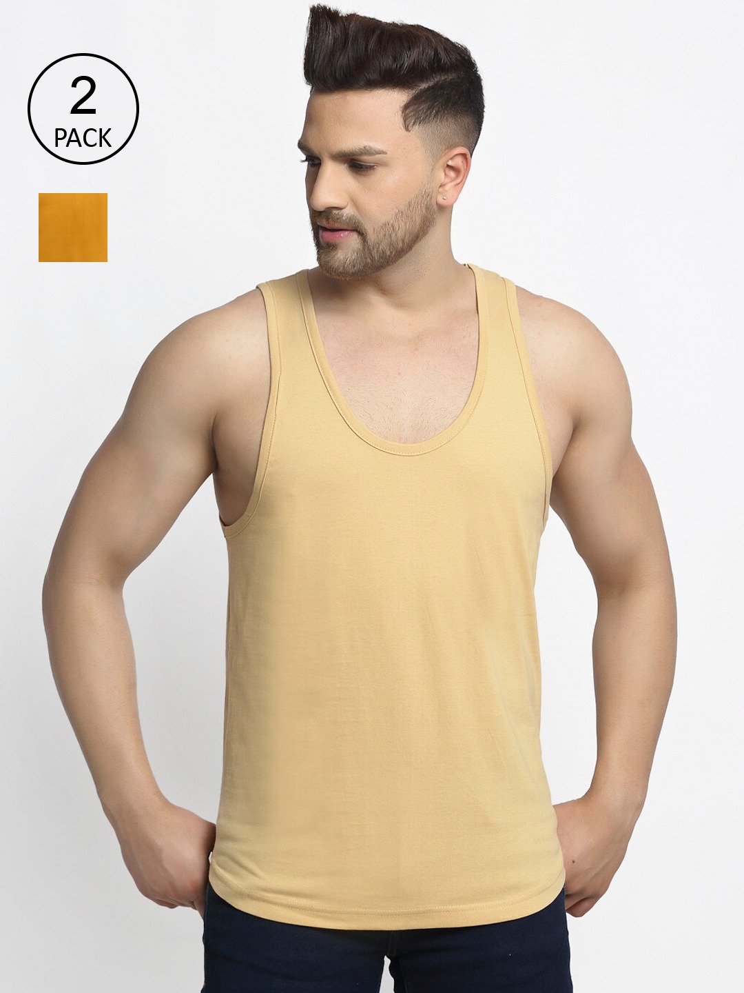 Clothing Innerwear Vests | Friskers Men Beige & Yellow Pack of 2 Pure Cotton Solid Vest - VH08134