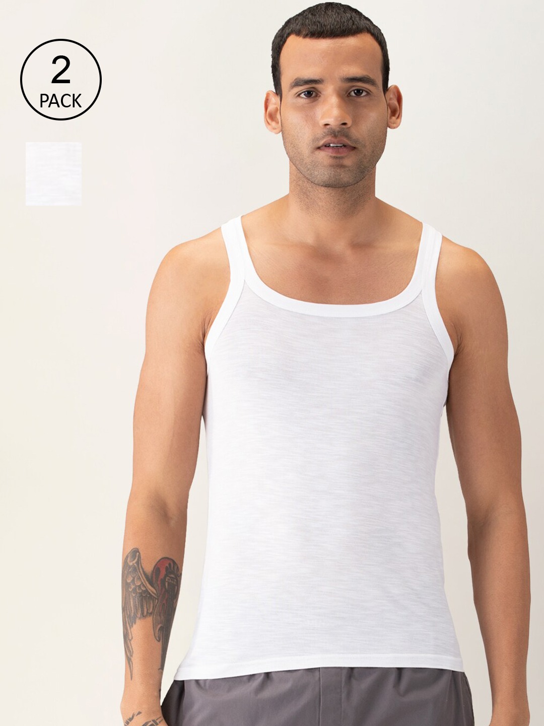 Clothing Innerwear Vests | DAMENSCH Men Pack Of 2 White Solid Anti-Microbial Basic NEO Bamboo Square Neck Vest - JA45971