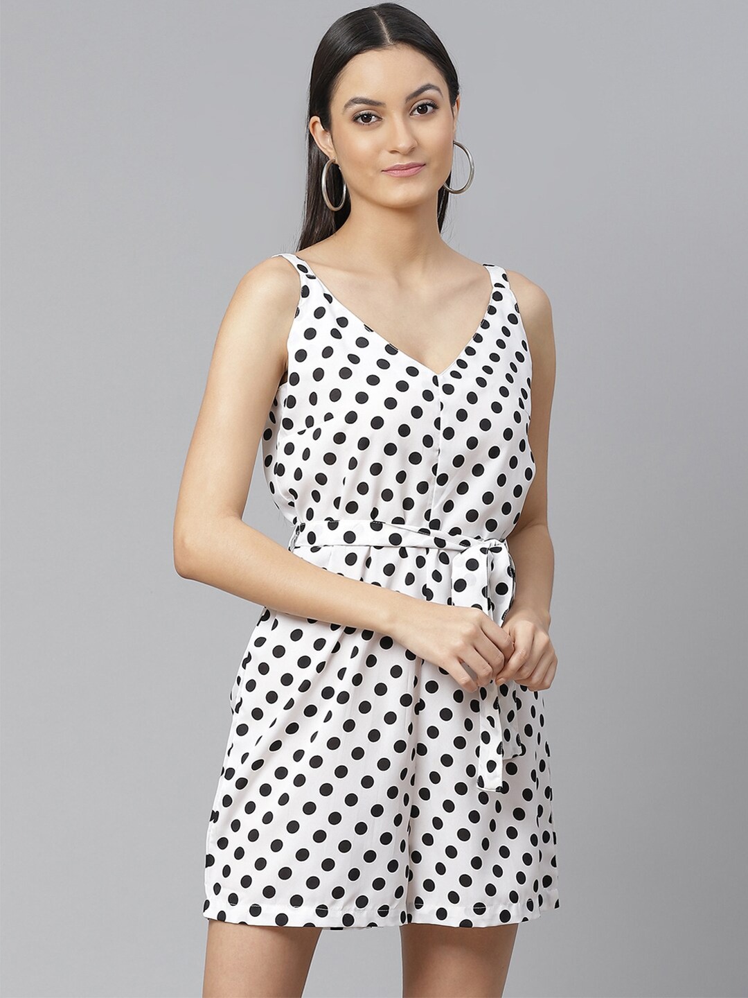 Clothing Jumpsuit | SIRIKIT Women White & Black Polyester Polka Dots Printed Playsuit With Waist Tie-Ups - RA38138