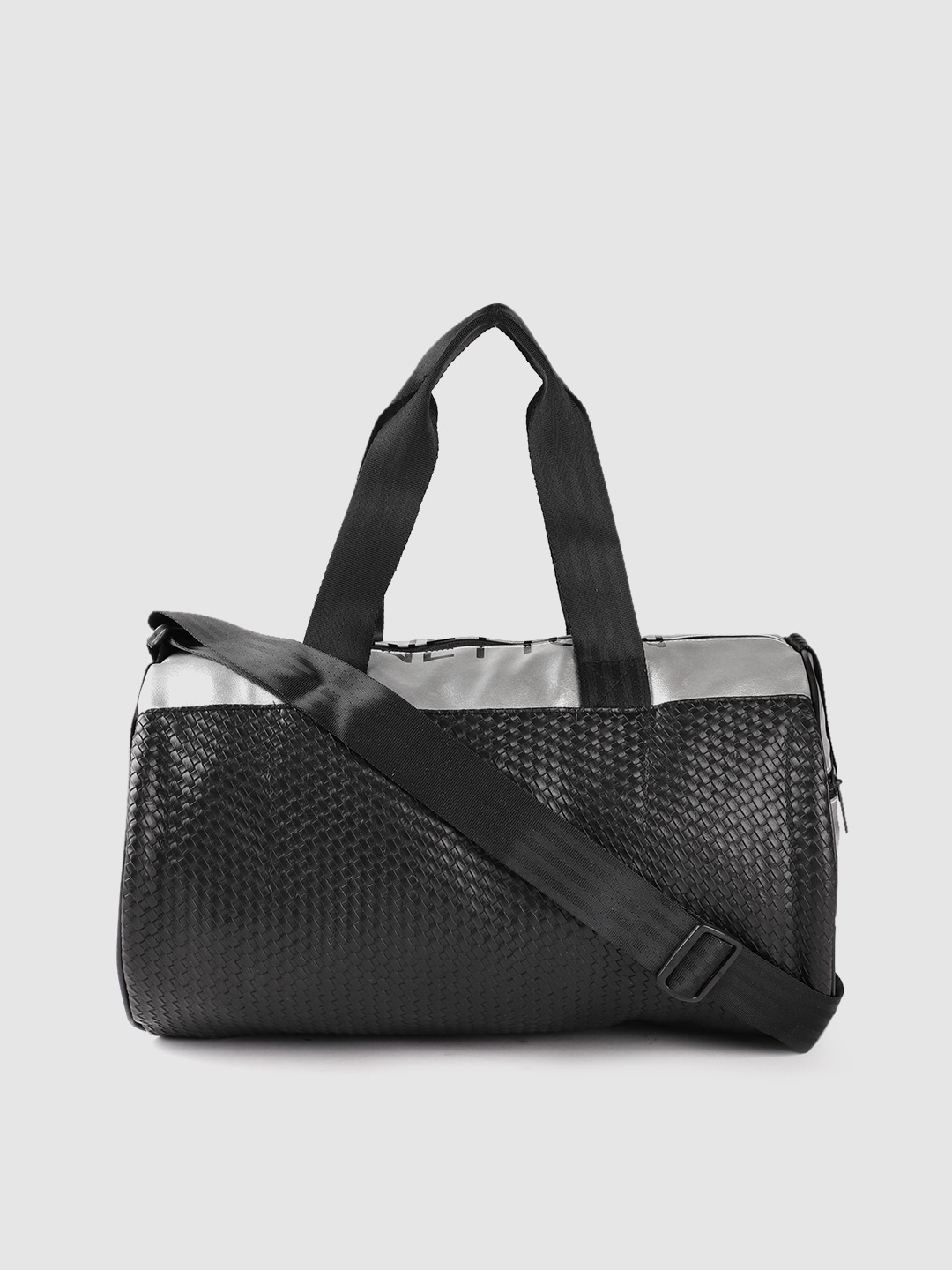 Accessories Duffel Bag | United Colors of Benetton Unisex Black & Silver-Toned Basket Weave Textured Gym Duffle Bag - IM63596