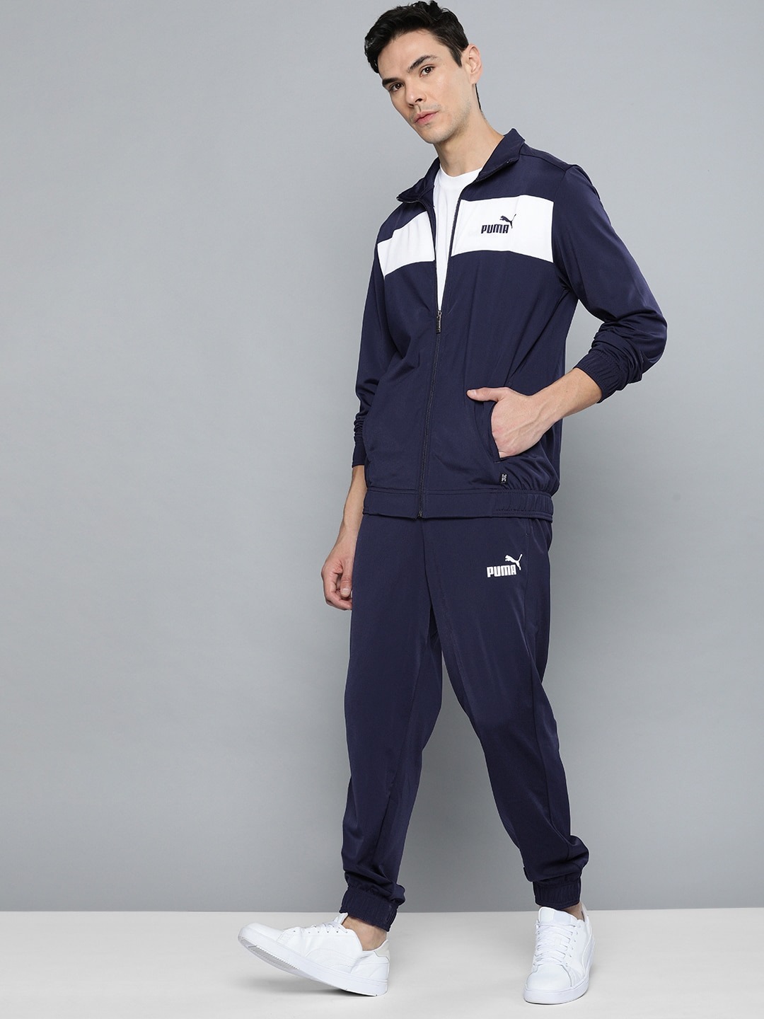 Clothing Tracksuits | Puma Men Navy Blue & White Colorblocked Polyester Tracksuit - ZL89816