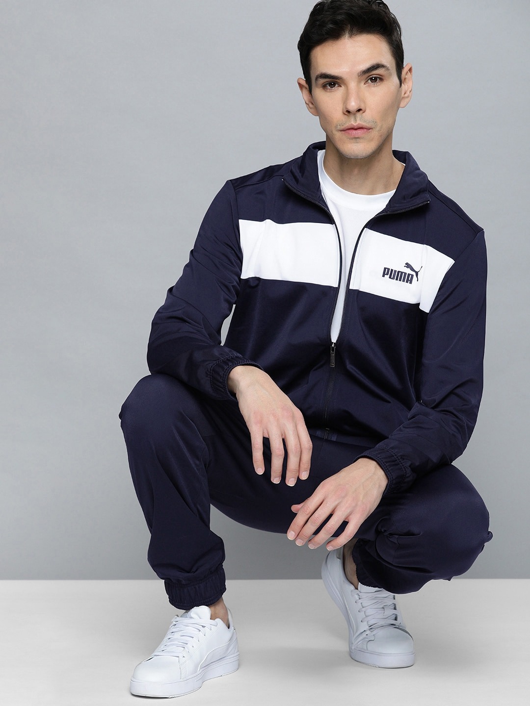 Clothing Tracksuits | Puma Men Navy Blue & White Colorblocked Polyester Tracksuit - ZL89816
