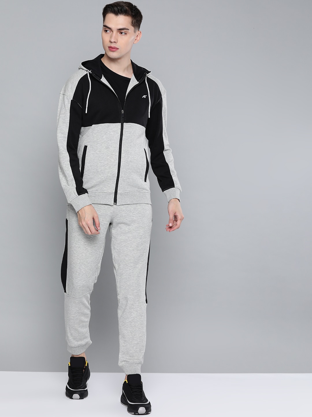 Clothing Tracksuits | Alcis Men Grey & Black Colourblocked Hooded Tracksuit - UB92914