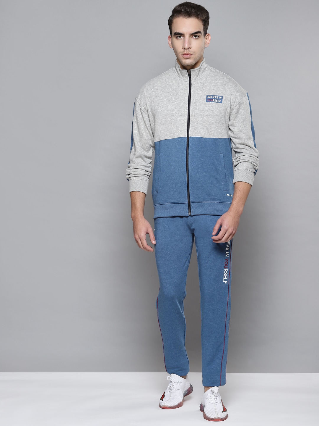Clothing Tracksuits | Alcis Men Grey Melange & Blue Colourblocked Tracksuit - XW53833