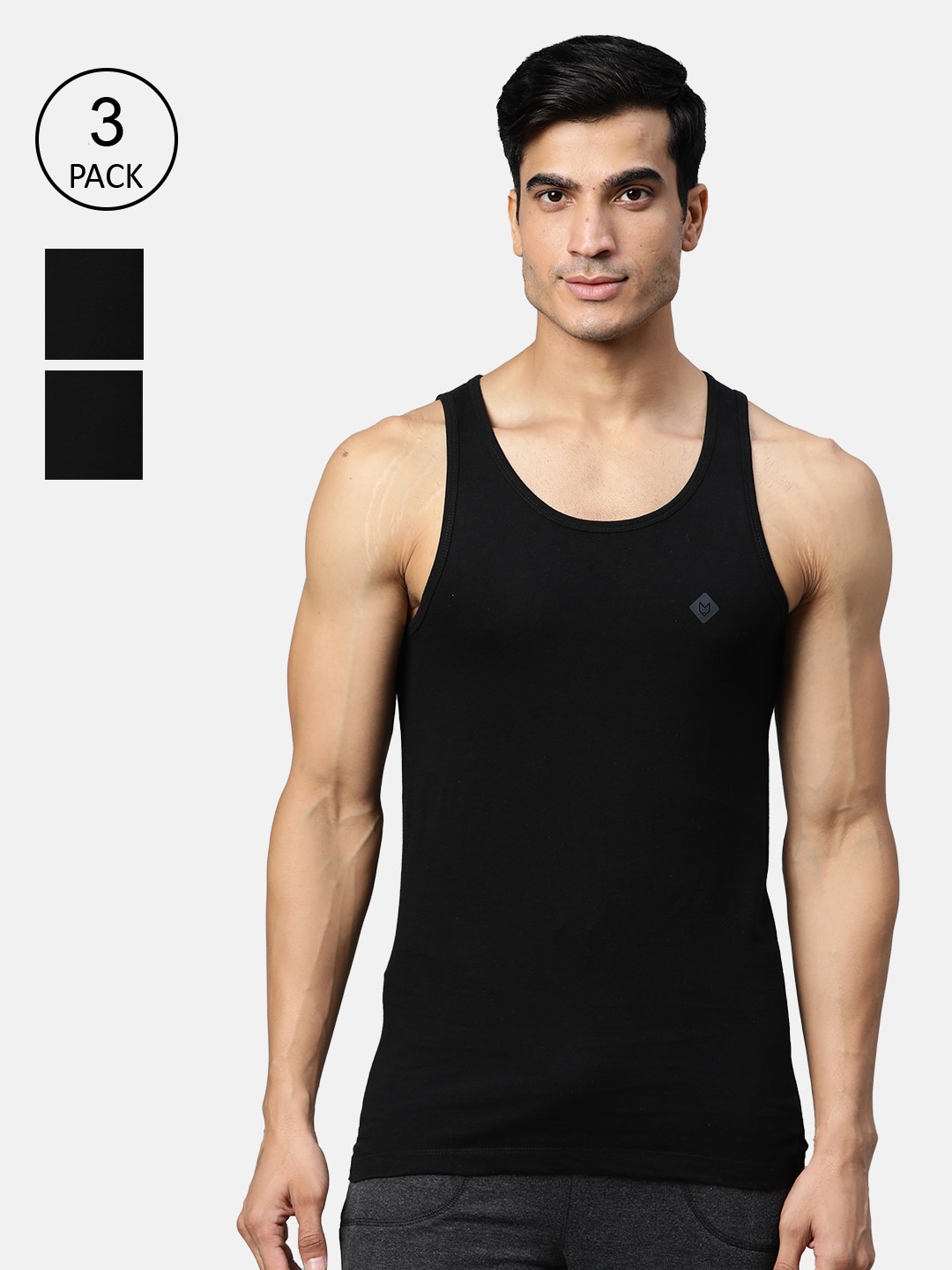 Clothing Innerwear Vests | Almo Wear Men Pack Of 3 Black Solid Slim-Fit Cotton Innerwear Vests - HE56207