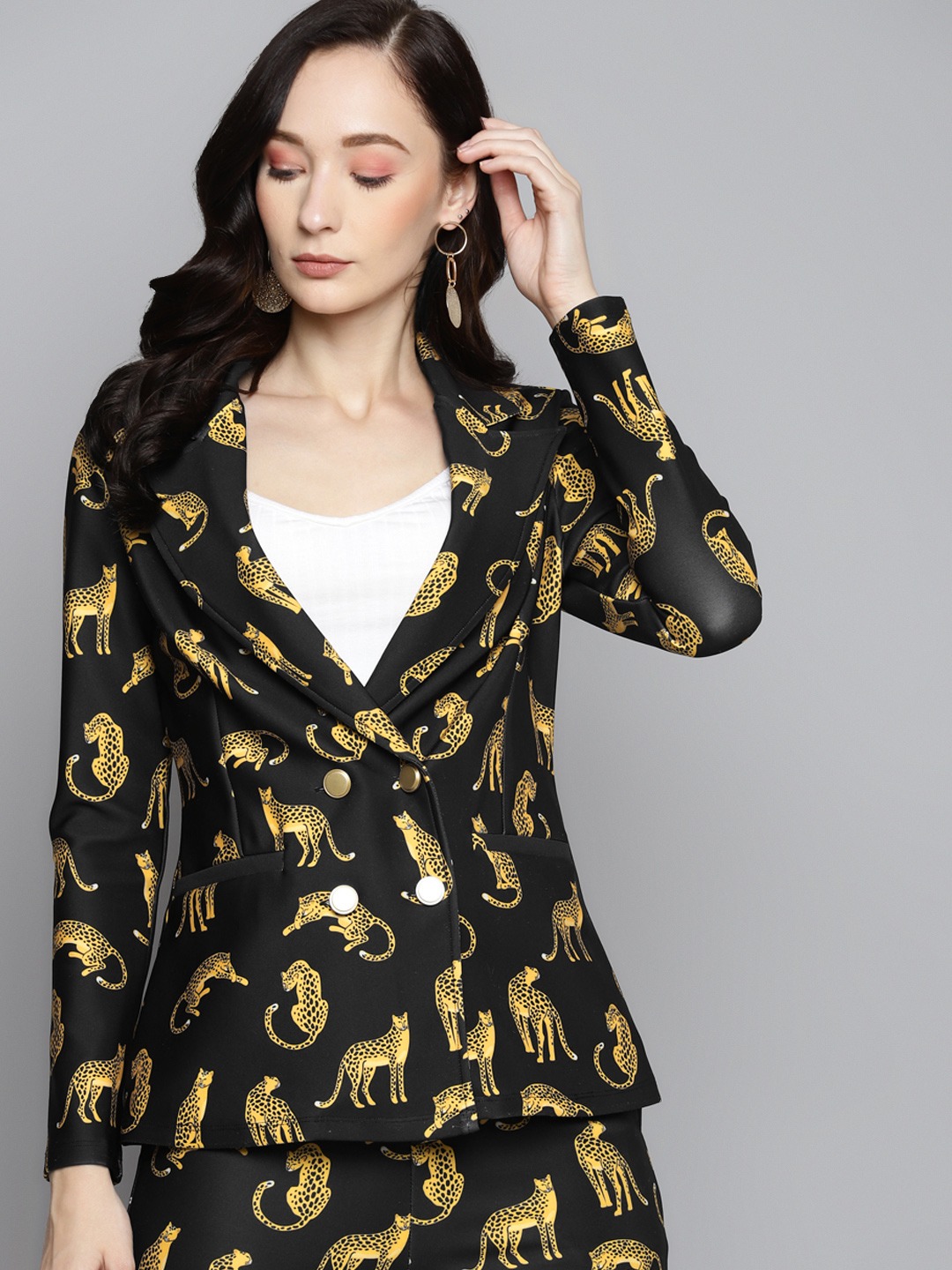 Clothing Blazers | SASSAFRAS Women Black & Yellow Cheetah Printed Scuba Relax Fit Blazer - HG36223