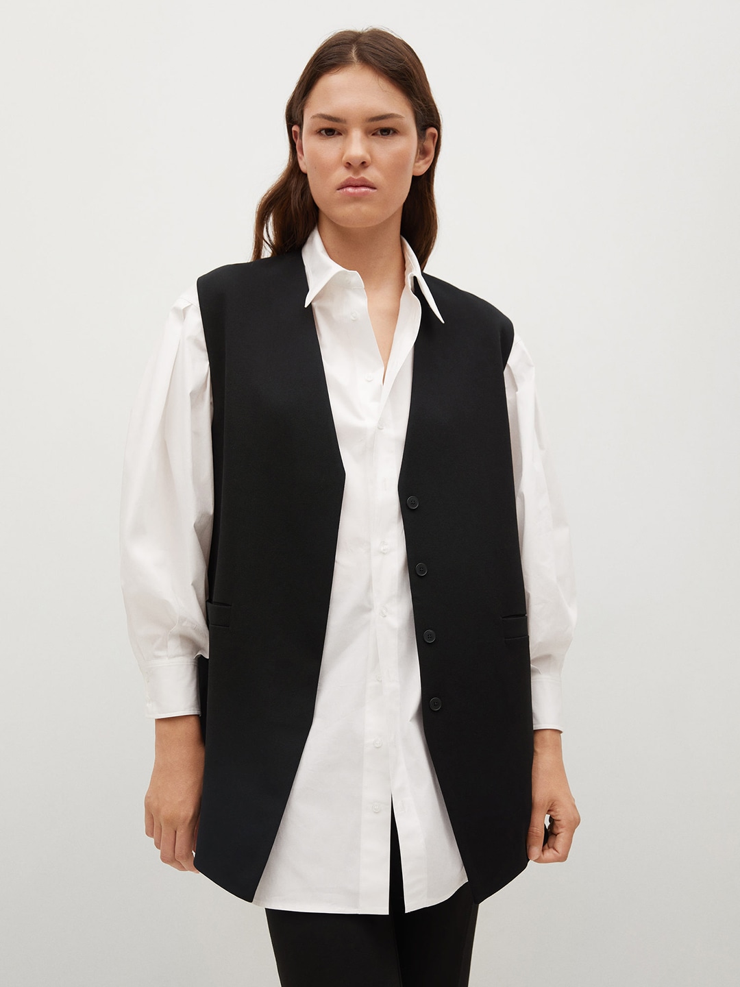 Clothing Waistcoat | MANGO Women Black Solid Waistcoat - OT69636