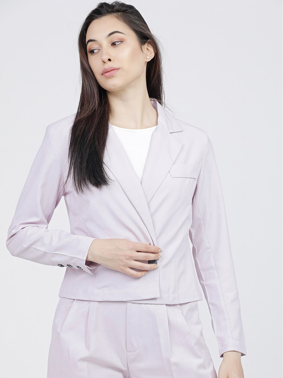 Clothing Blazers | Tokyo Talkies Women Lavender Solid Double-Breasted Cropped Casual Blazer - DK75516