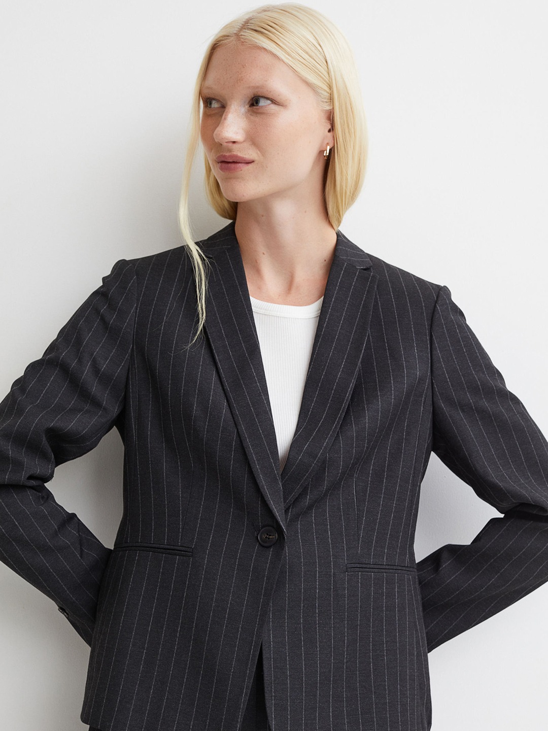 Clothing Blazers | H&M Women Grey Striped Fitted Jacket - RQ40428