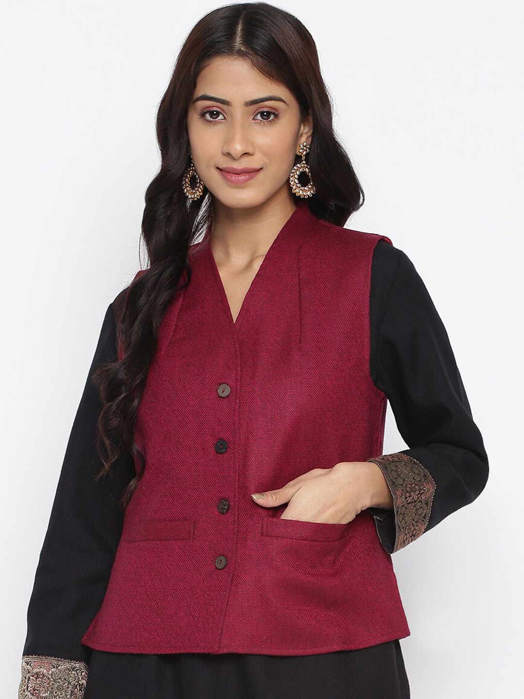 Clothing Waistcoat | Fabindia Women Fuchsia Solid Wool Waistcoat - ZK15621
