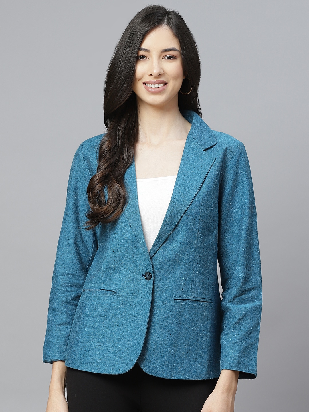 Clothing Blazers | Cottinfab Women Blue Solid Single Breasted Blazer - BH50658