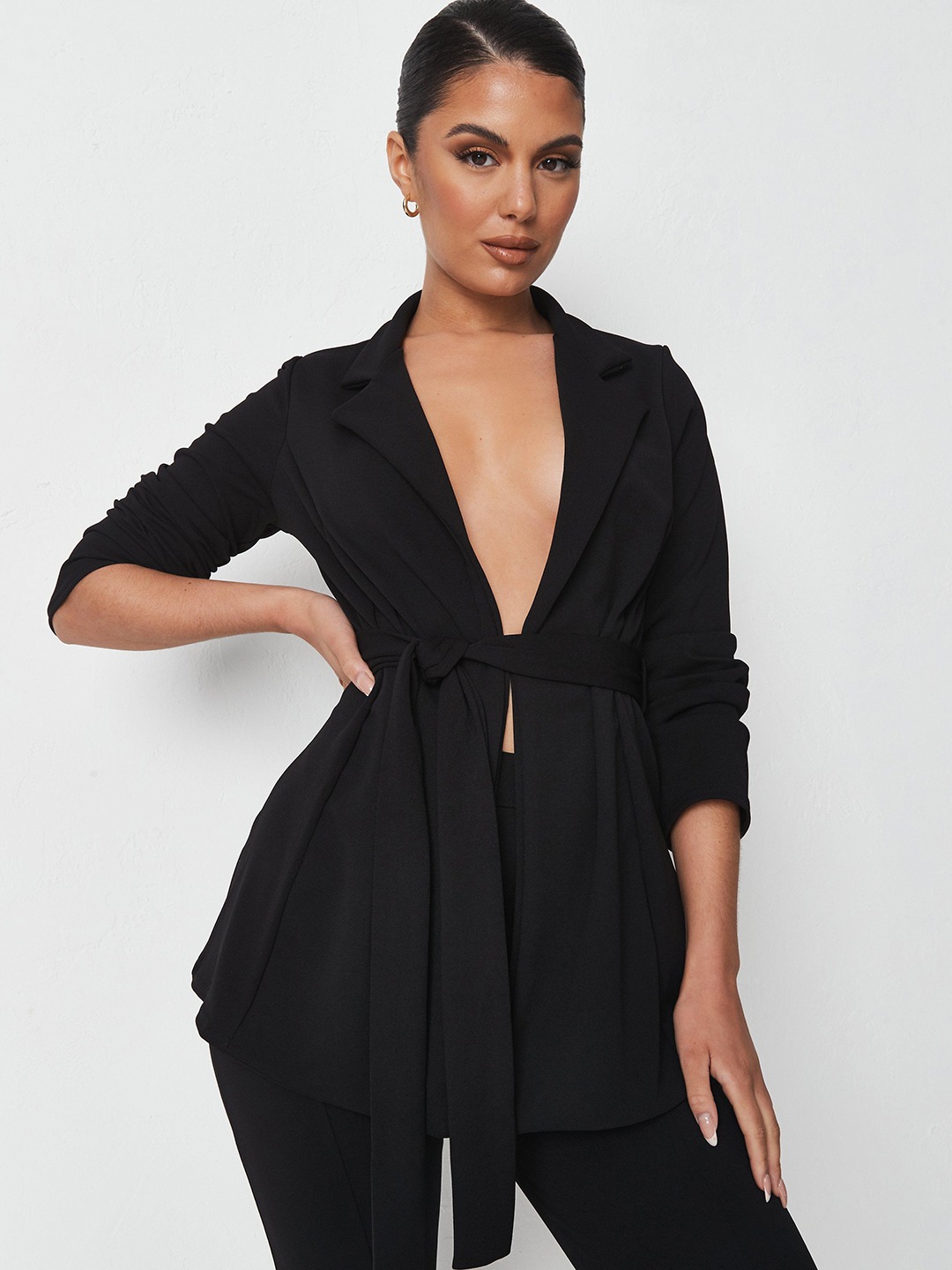 Clothing Blazers | Missguided Women Black Solid Front-Open Blazer with Belt - ET06484
