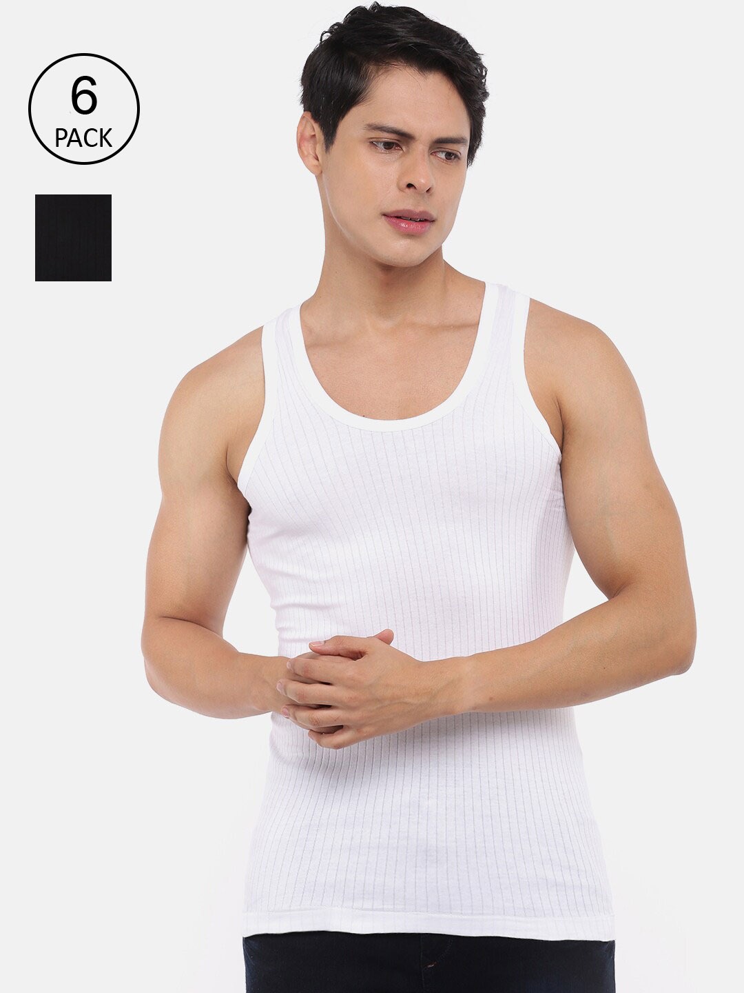 Clothing Innerwear Vests | Dollar Bigboss Men Pack Of 6 Black & White Solid Cotton Basic Vests - XD12153
