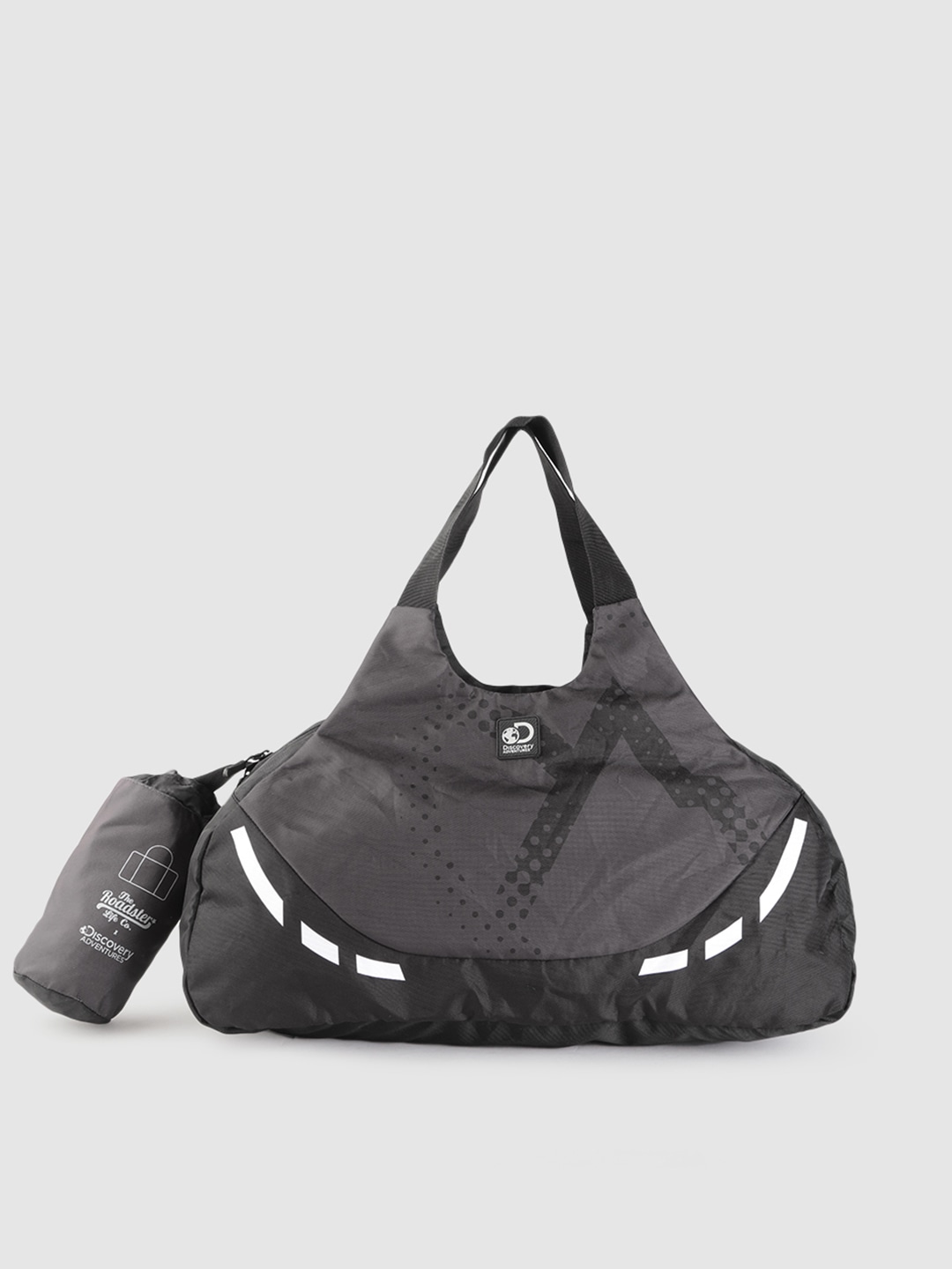 Accessories Duffel Bag | The Roadster Lifestyle Co x Discovery Adventures Unisex Black & Charcoal Grey Printed Foldable Duffel Bag - IM25357
