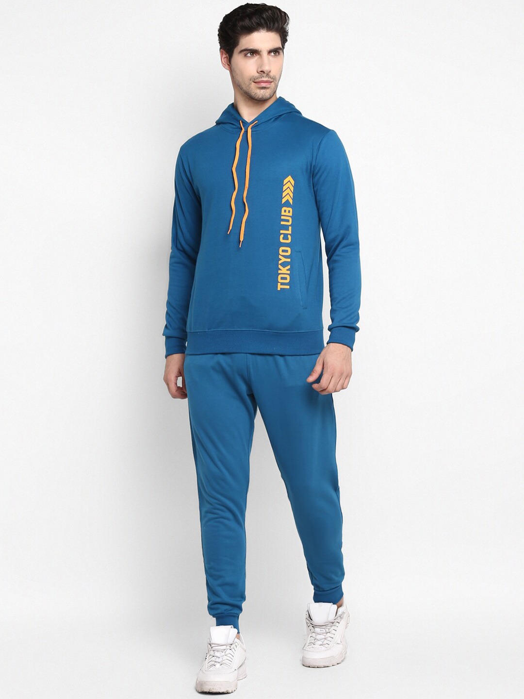 Clothing Tracksuits | OFF LIMITS Men Blue & Orange Printed Hooded Tracksuits - PJ51662