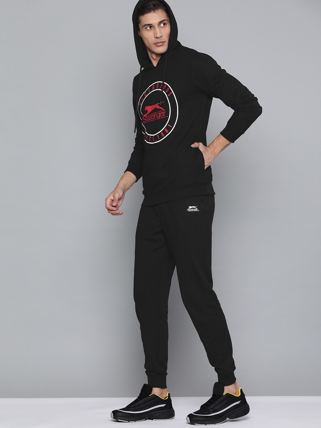 Clothing Tracksuits | Slazenger Men Black & Red Brand Logo Printed Hooded Athleisure Tracksuit - PE78922
