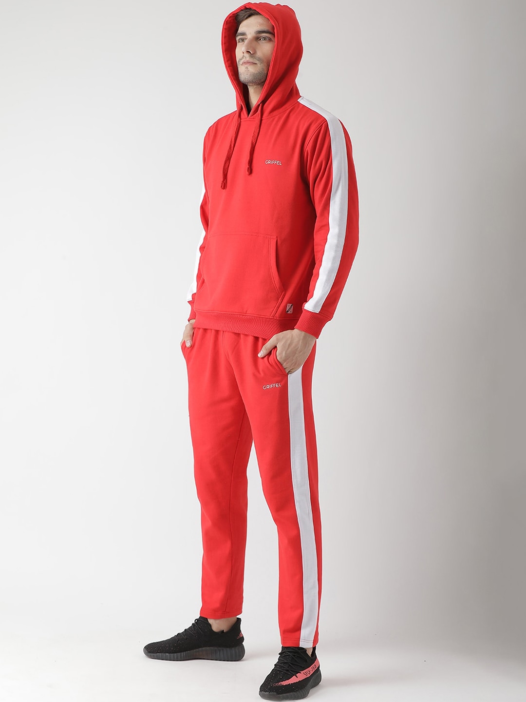 Clothing Tracksuits | GRIFFEL Men Red Solid Hooded Cotton Tracksuit - WU58574