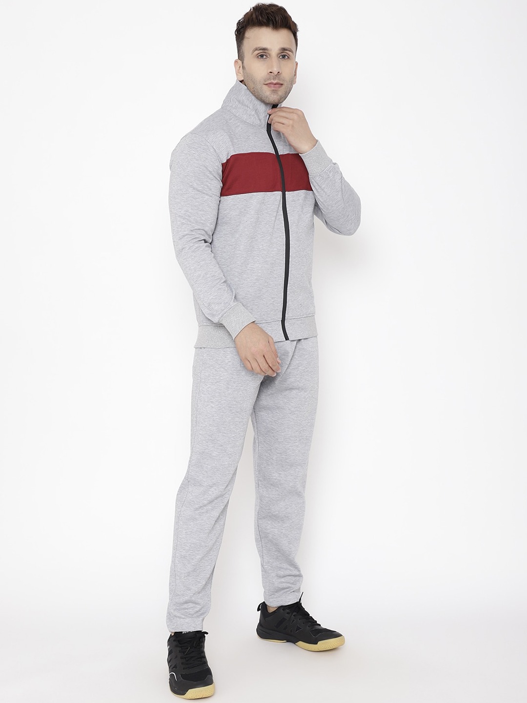 Clothing Tracksuits | Chkokko Men Grey & Maroon Colourblocked Comfort Fit Pure Fleece Cotton Tracksuit - WA56243