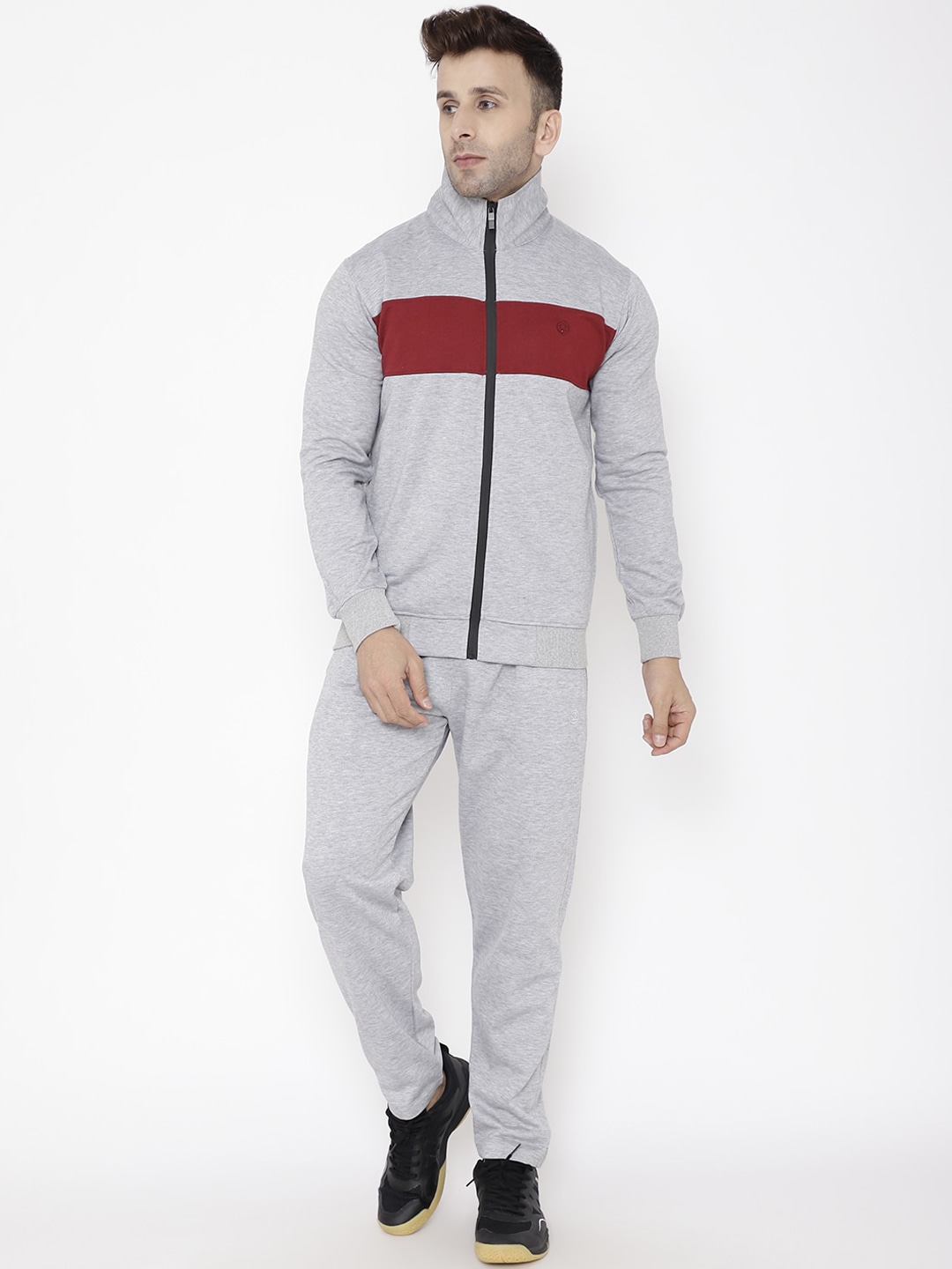 Clothing Tracksuits | Chkokko Men Grey & Maroon Colourblocked Comfort Fit Pure Fleece Cotton Tracksuit - WA56243