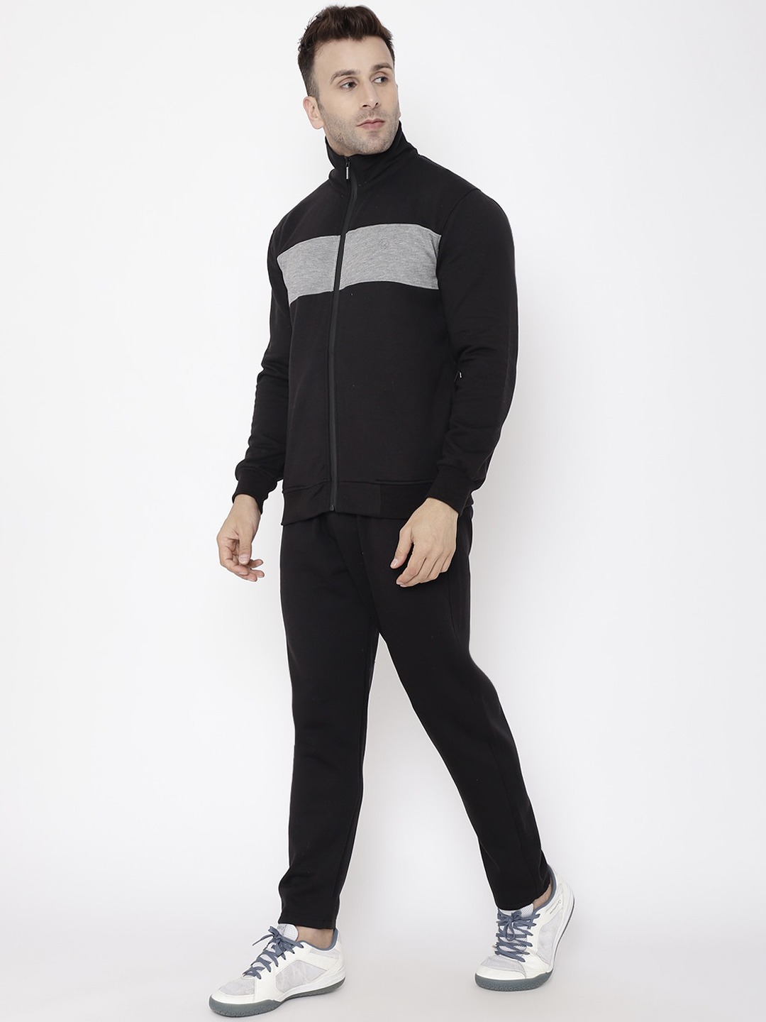 Clothing Tracksuits | Chkokko Men Black & Grey Melange Solid Comfort-Fit Tracksuit - HN44535