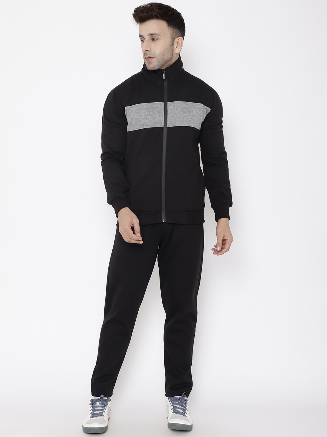 Clothing Tracksuits | Chkokko Men Black & Grey Melange Solid Comfort-Fit Tracksuit - HN44535