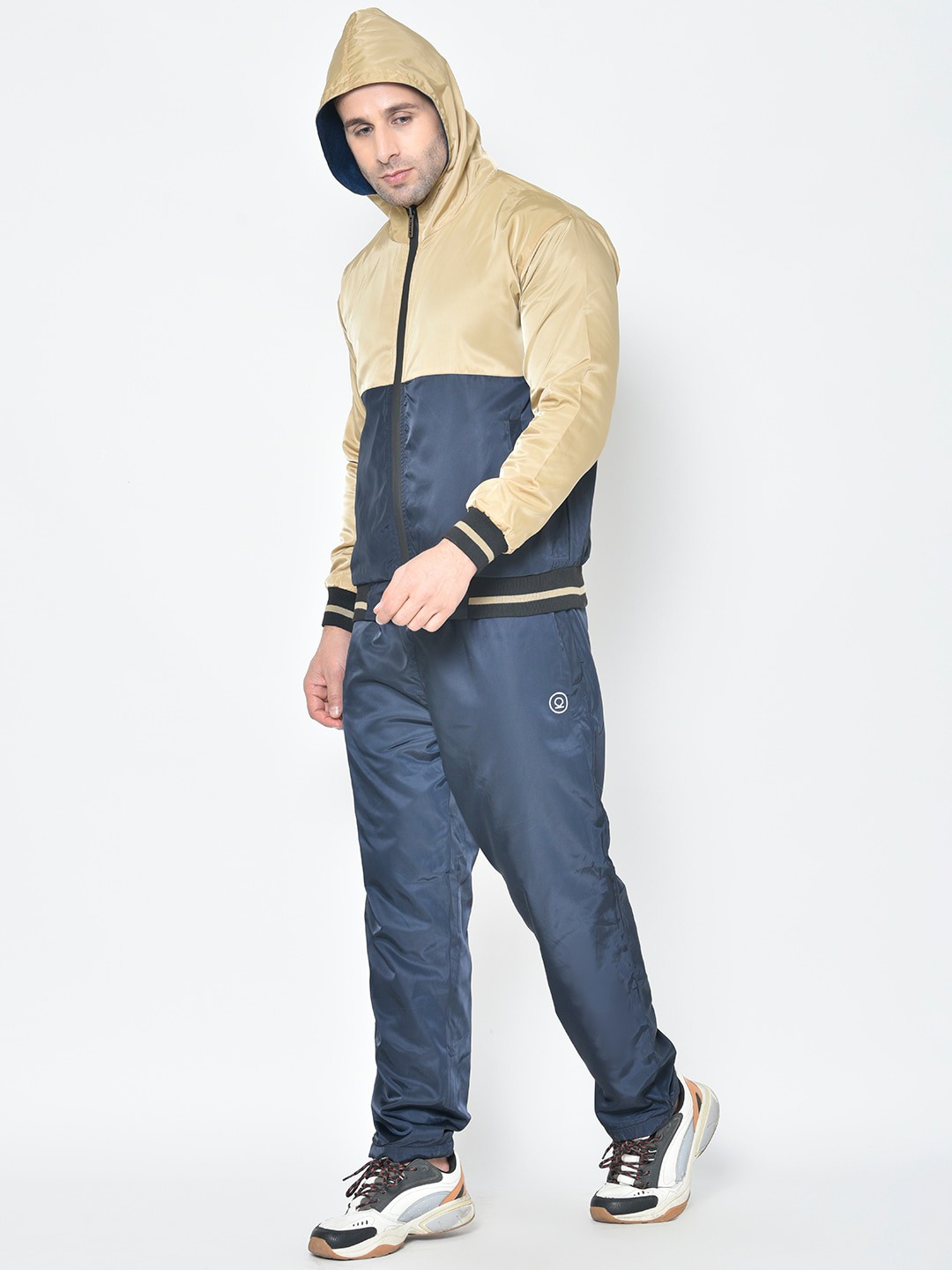 Clothing Tracksuits | Chkokko Men Navy Blue & Beige Colourblocked Hooded Tracksuit - ED53185
