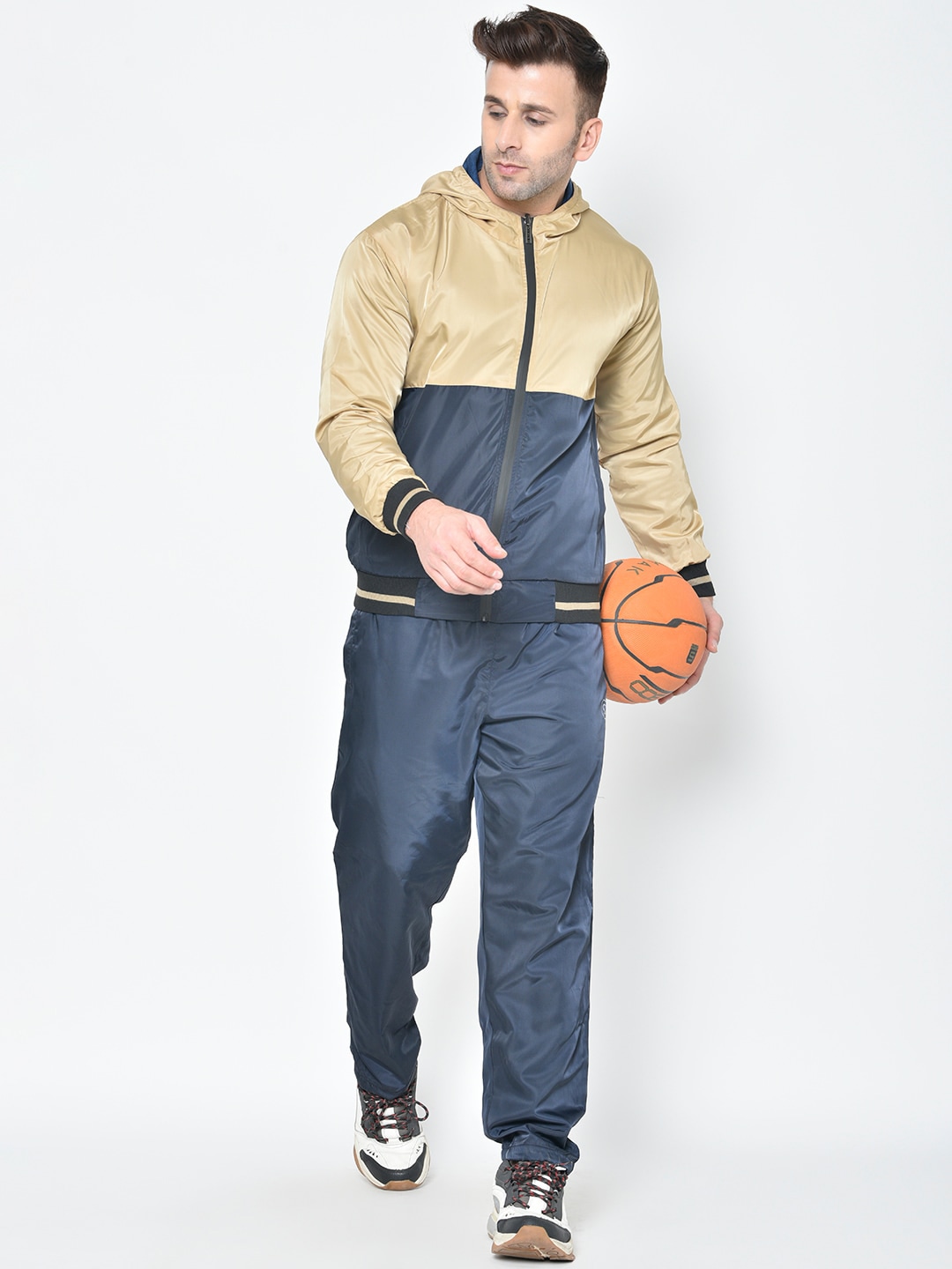 Clothing Tracksuits | Chkokko Men Navy Blue & Beige Colourblocked Hooded Tracksuit - ED53185