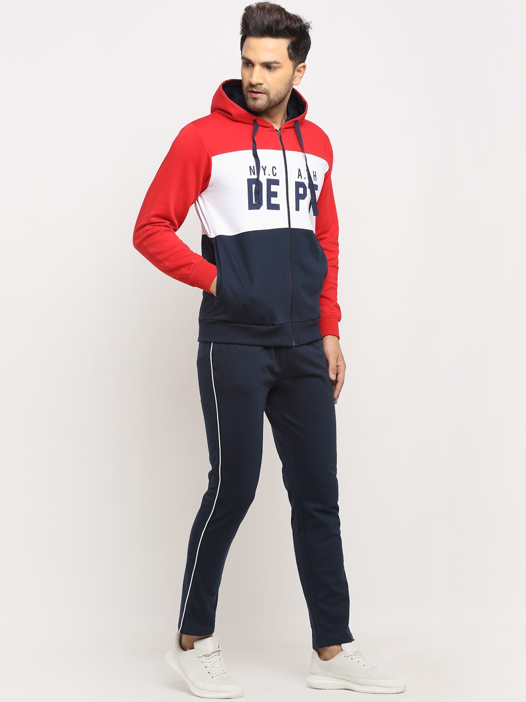 Clothing Tracksuits | WILD WEST Men Navy Blue & Red Colourblocked Cotton Tracksuits - EZ52141