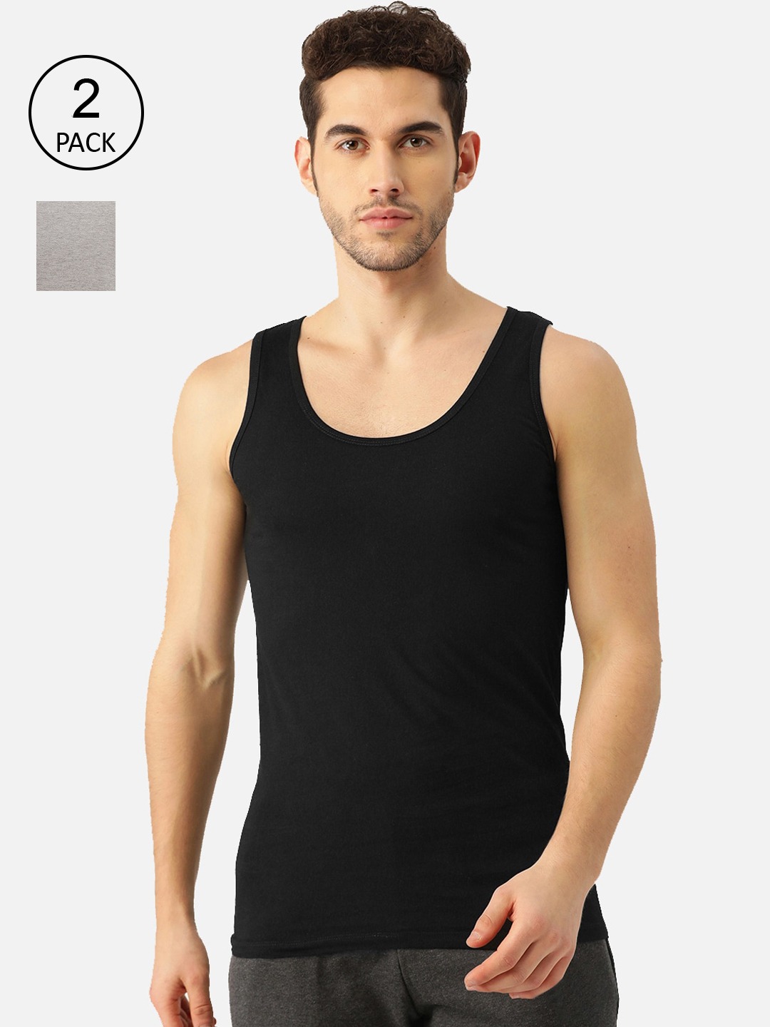 Clothing Innerwear Vests | ROMEO ROSSI Pack Of 2 Black & Grey Cotton Vests - QN01784