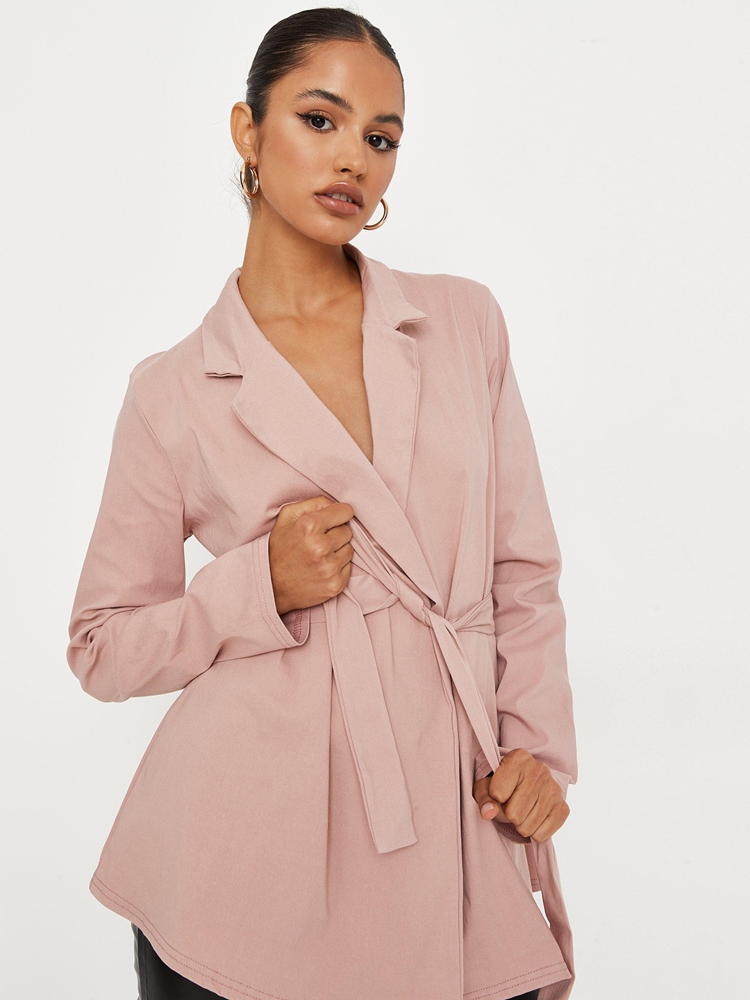 Clothing Blazers | Missguided Women Pink Solid Front-Open Blazer with Belt - ZQ39658