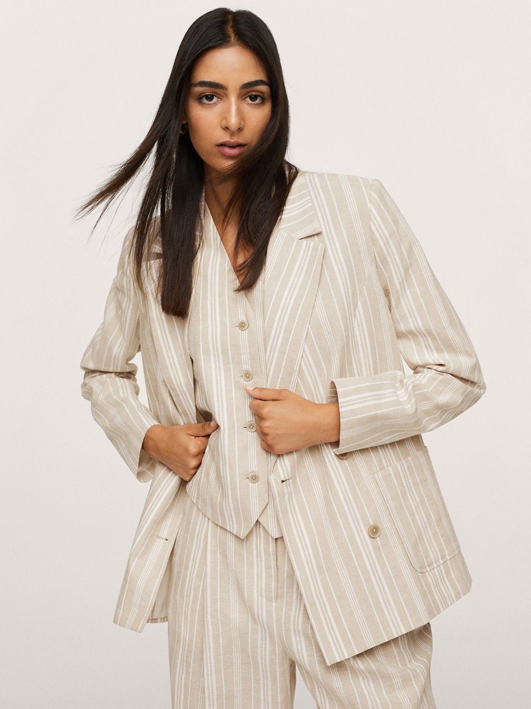 Clothing Blazers | MANGO Women Beige & Off-White Striped Regular Fit Smart Cotton Linen Casual Blazer - QN35556