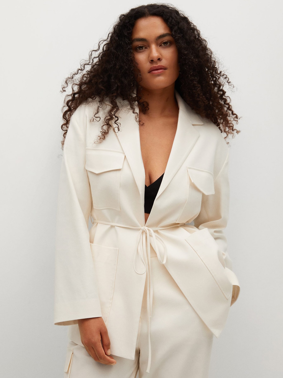 Clothing Blazers | MANGO Women Off-White Solid Overcoat & Belt - QD69116
