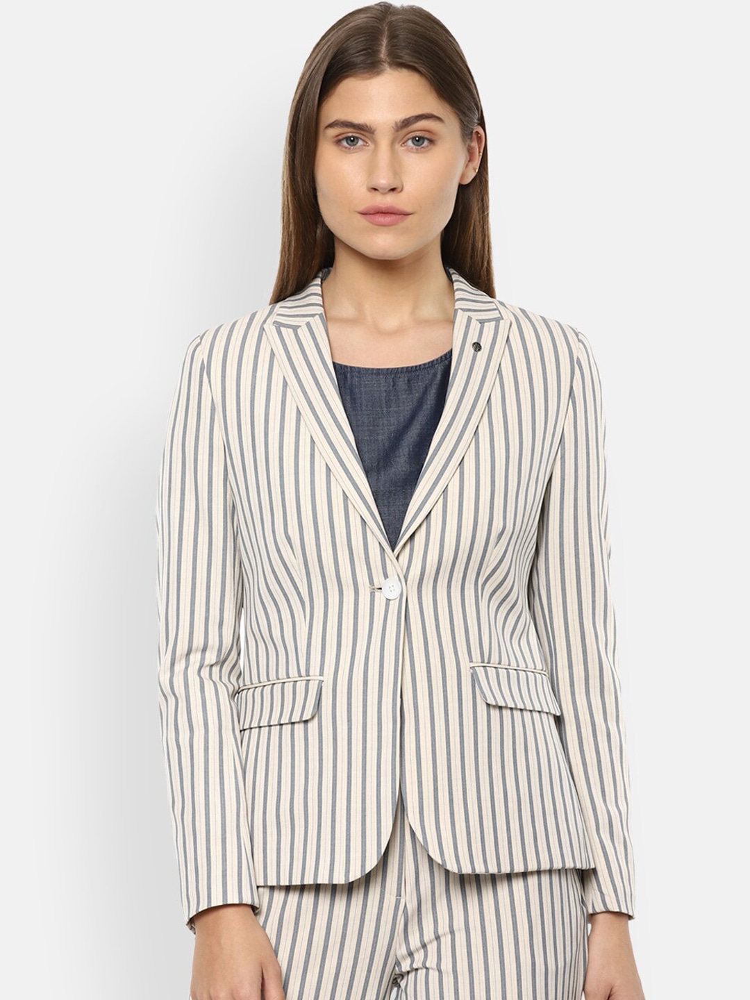 Clothing Blazers | Van Heusen Woman Women Cream-Coloured & Grey Striped Single-Breasted Formal Blazer - WW94761