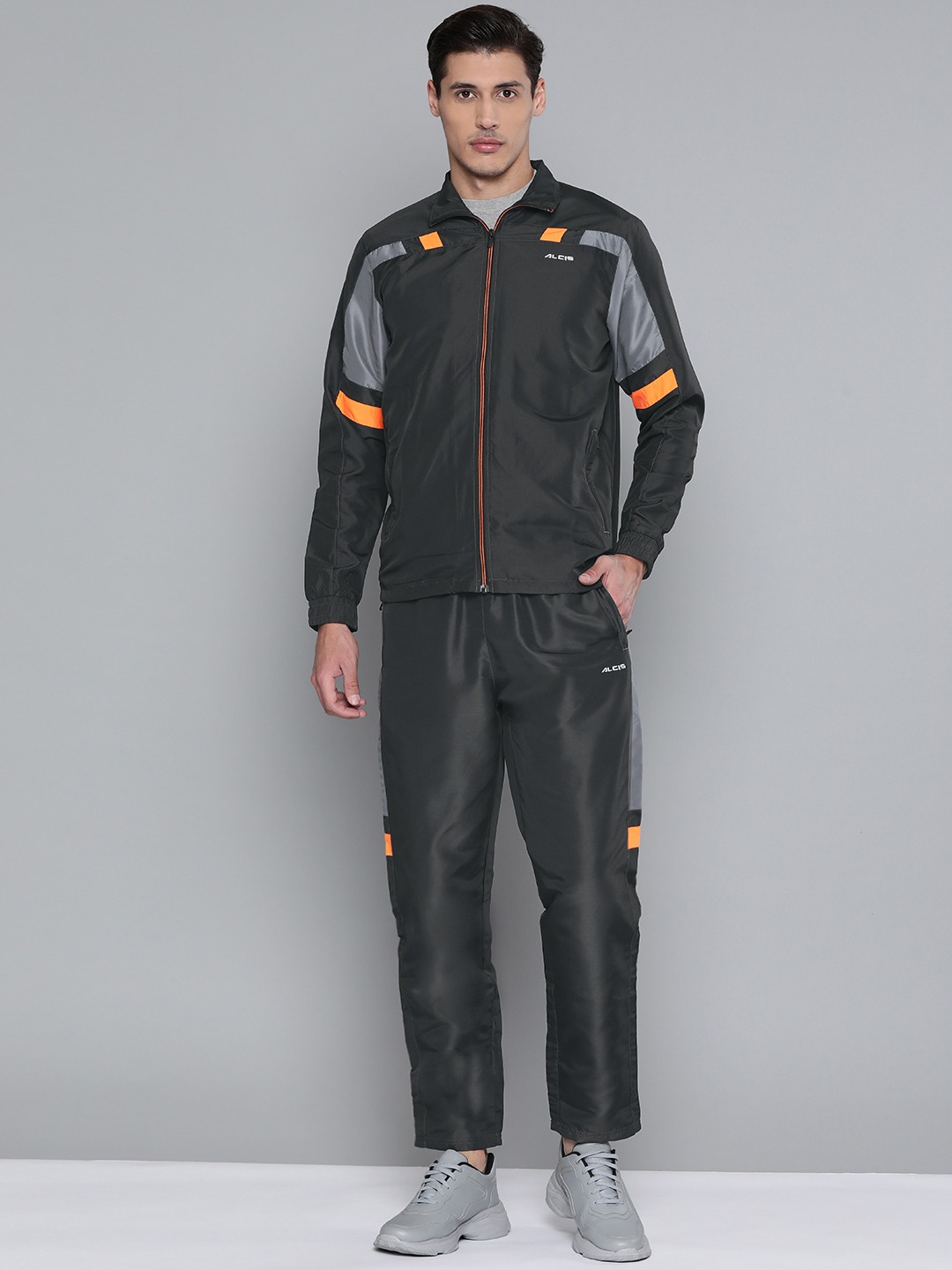 Clothing Tracksuits | Alcis Men Charcoal Grey Solid Tracksuit With Side Taping on Sleeves - CW11959