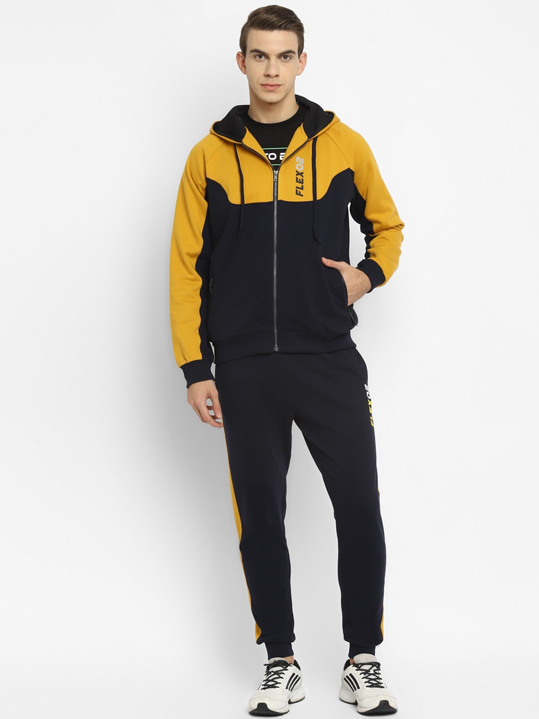 Clothing Tracksuits | OFF LIMITS Men Navy Blue & Yellow Colourblocked Hooded Tracksuit - RP80234