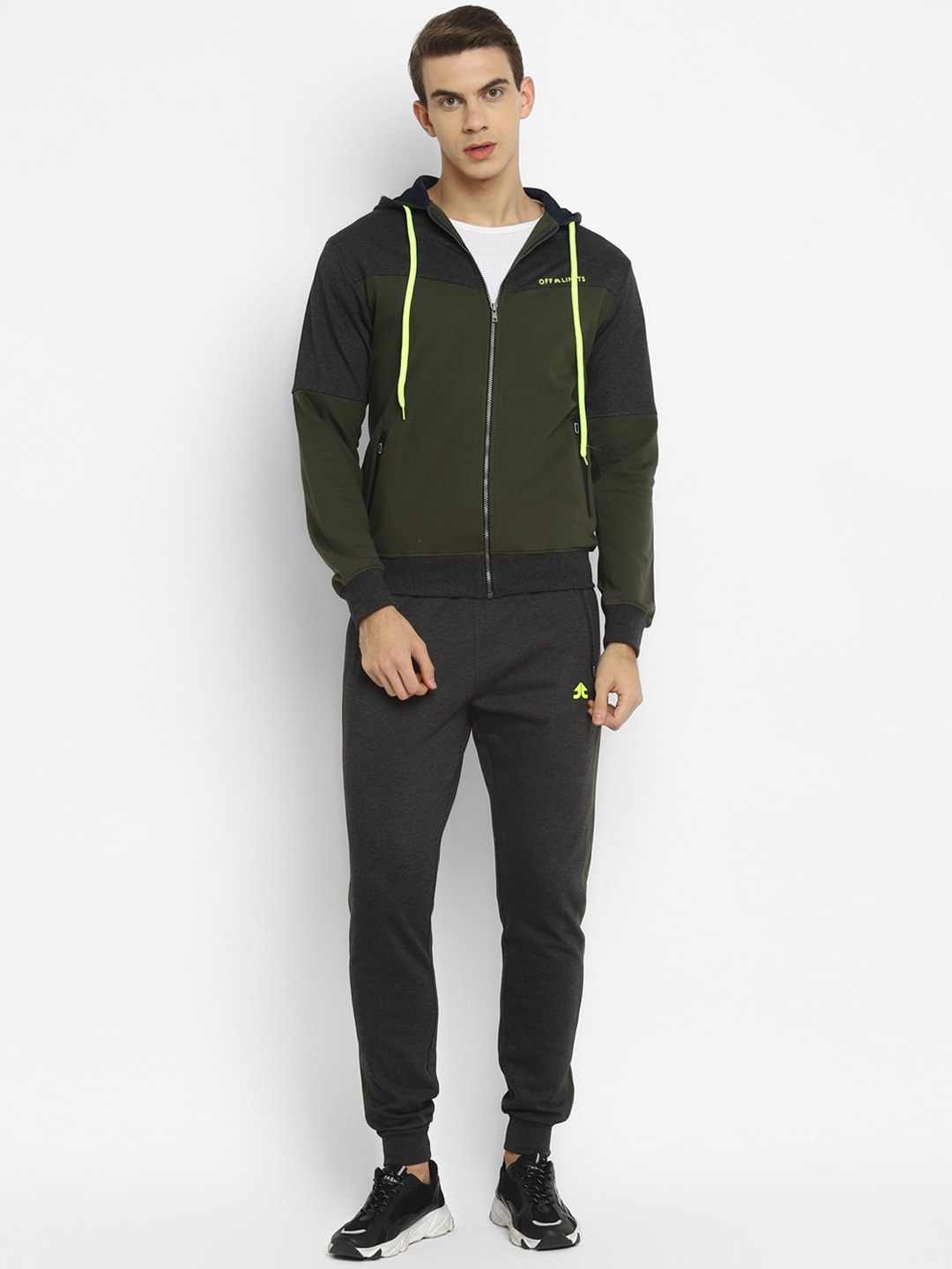 Clothing Tracksuits | OFF LIMITS Men Olive Green & Grey Colourblocked Hooded Tracksuit - MR91588