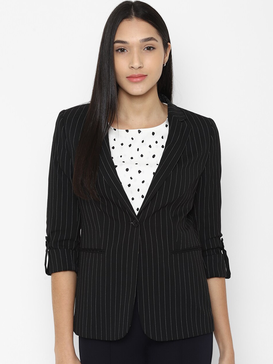 Clothing Blazers | Allen Solly Woman Black Striped Single Breasted Blazer - IB82248