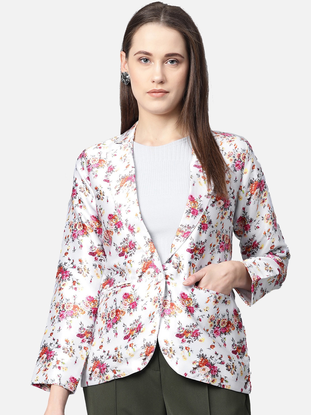 Clothing Blazers | Jompers Women Grey & Pink Printed Single-Breasted Casual Blazer - XU63126