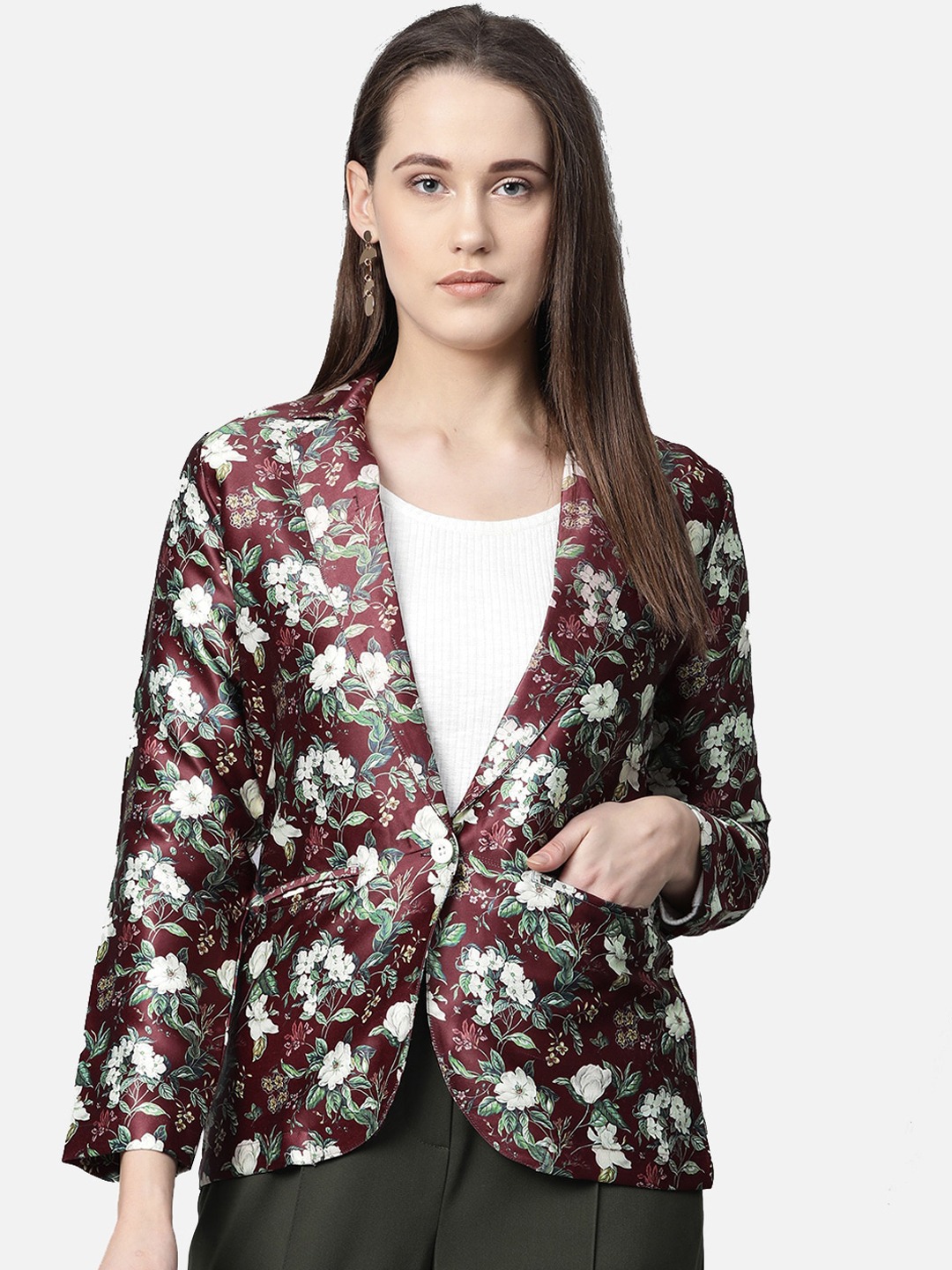 Clothing Blazers | Jompers Women Maroon & White Floral Printed Single Breasted Blazer - WZ39215