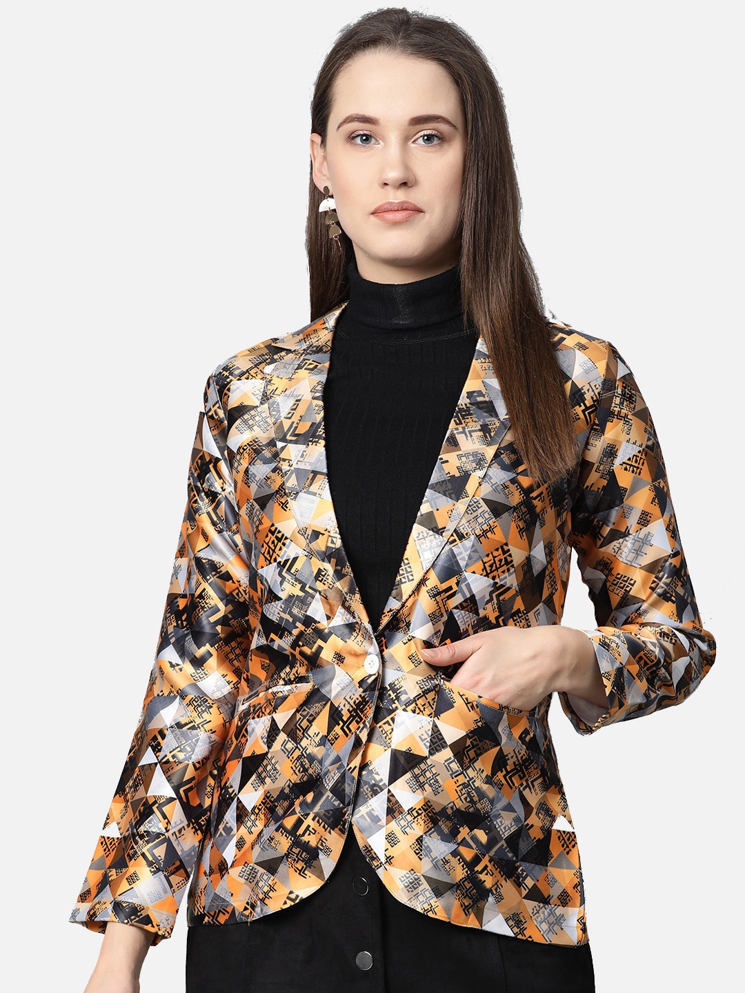 Clothing Blazers | Jompers Women Mustard-Yellow & Black Printed Single-Breasted Casual Blazer - VZ25152