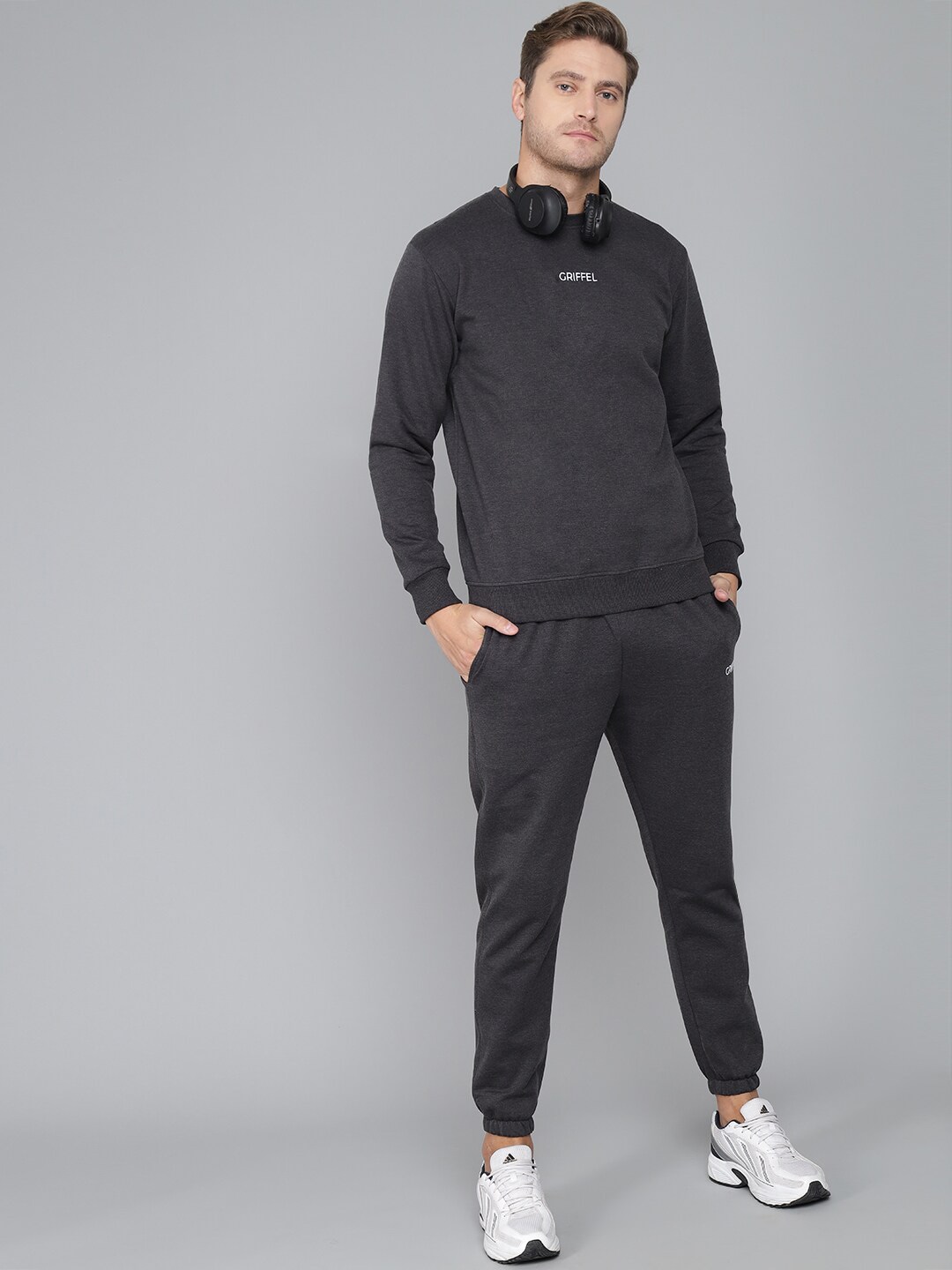 Clothing Tracksuits | GRIFFEL Men Charcoal-Grey Solid Cotton Tracksuit - TB05832