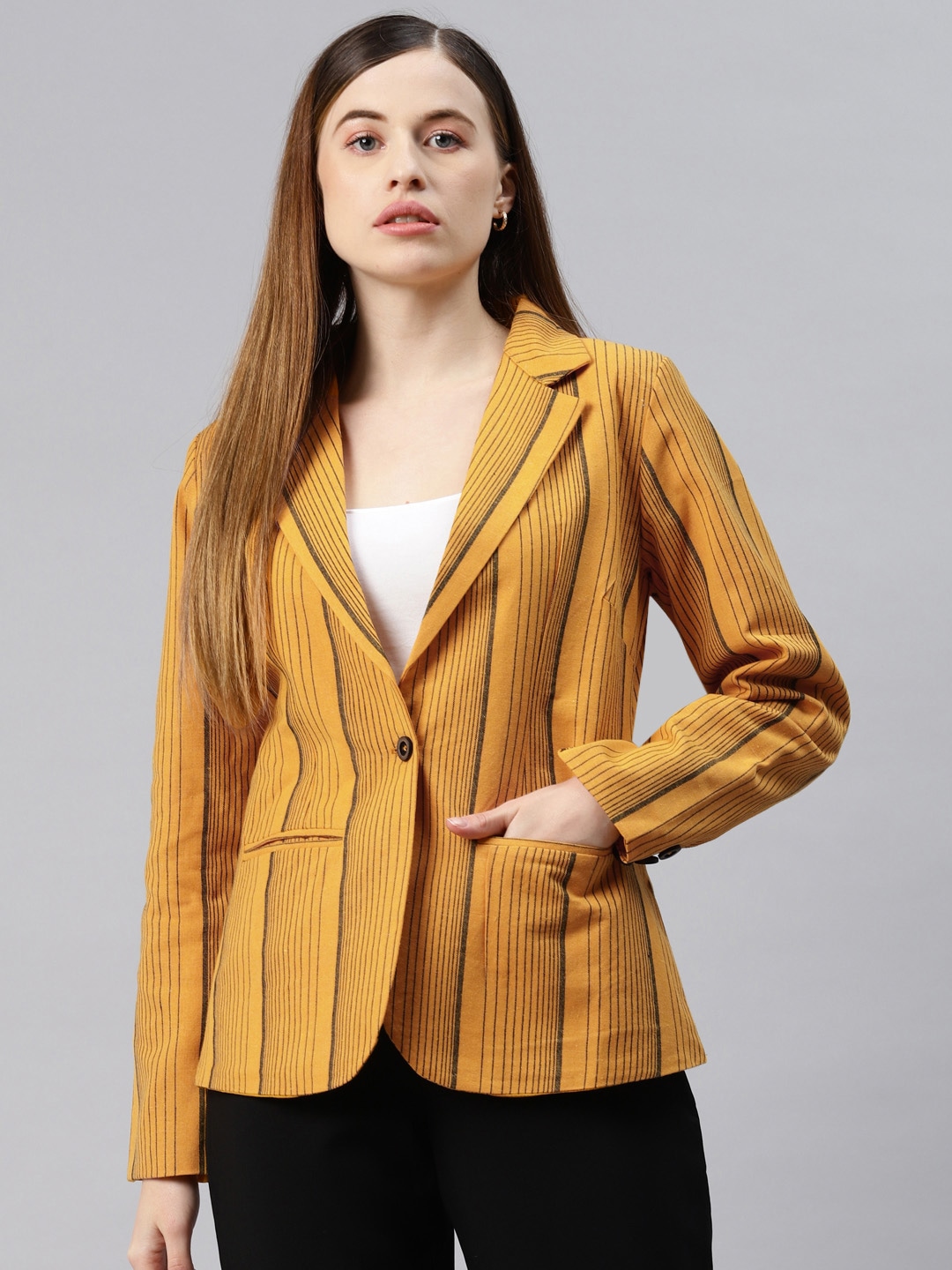 Clothing Blazers | Cottinfab Women Mustard Striped Single-Breasted Formal Blazer - PC12486