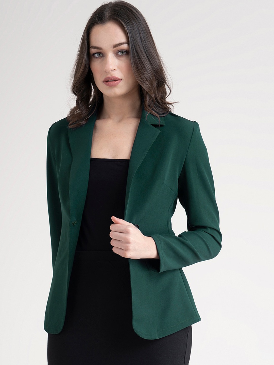 Clothing Blazers | FableStreet Women Green Single Breasted Blazer - QB09954
