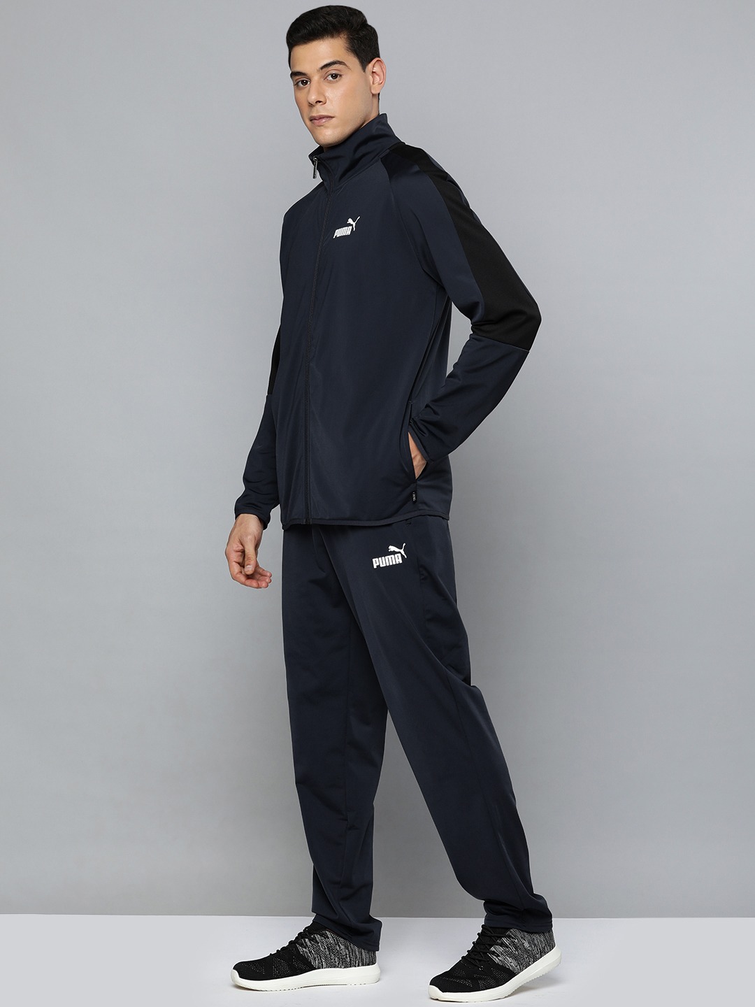 Clothing Tracksuits | Puma Men Navy Blue & Black Colourblocked High Neck Casual Tracksuite - TY12441