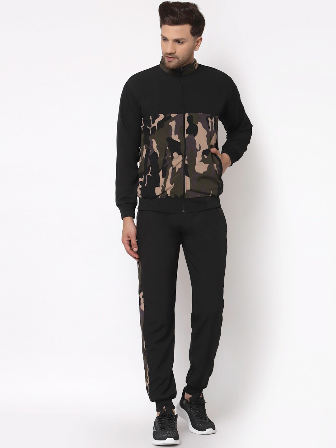 Clothing Tracksuits | KLOTTHE Men Black & Green Camouflage Printed Tracksuit - WY48077