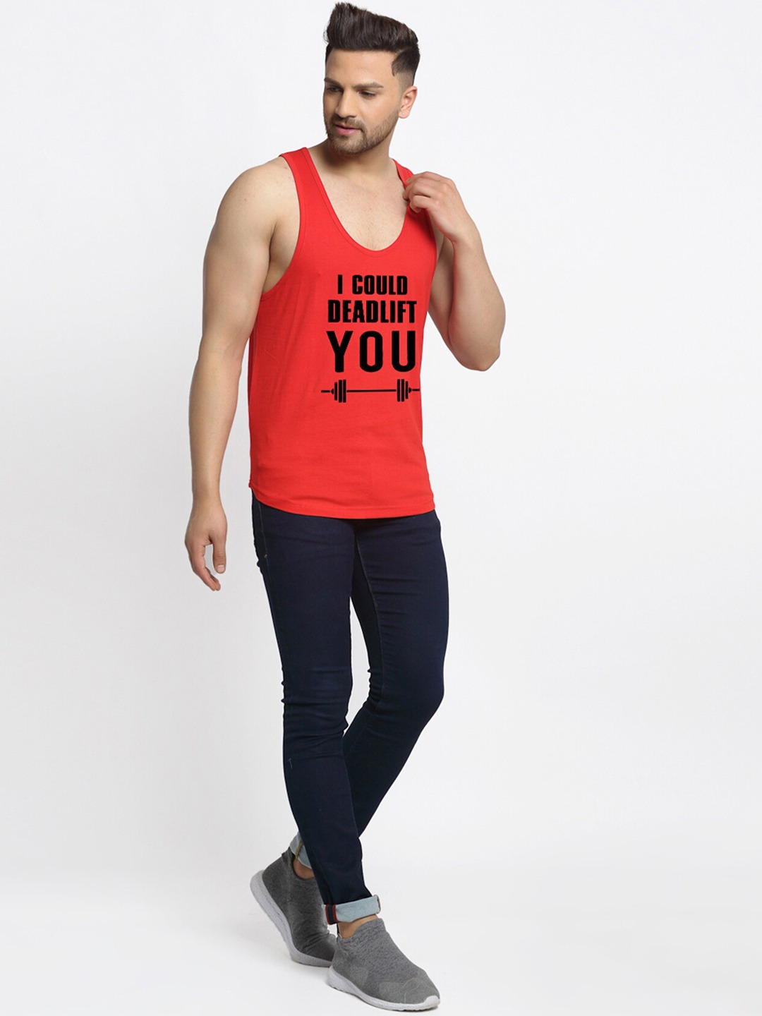 Clothing Innerwear Vests | Friskers Men Red I could deadlift you Apple Cut Sleeveless Gym Vest - CA85352