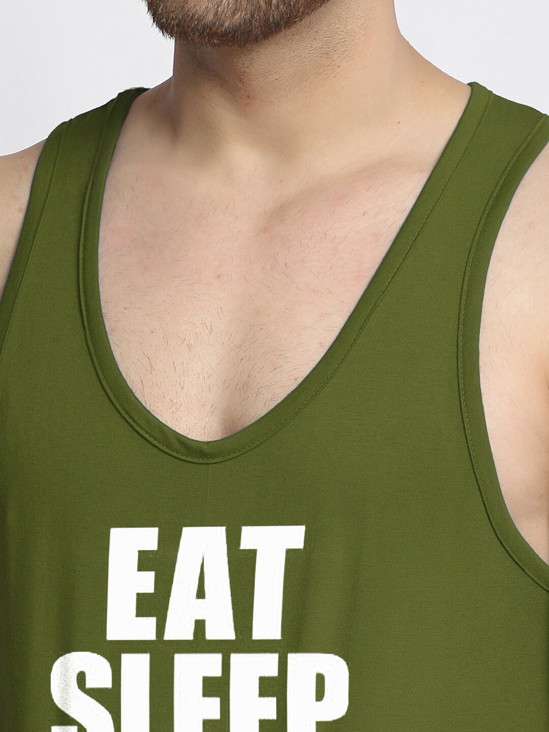 Clothing Innerwear Vests | Friskers Men Olive Apple Cut Printed Sleeveless Gym Vest - VY06301